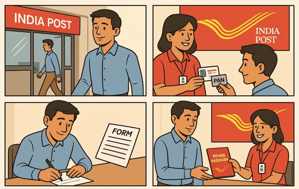 Illustration of process to open Post Office Monthly Income Scheme account in India in 2025.