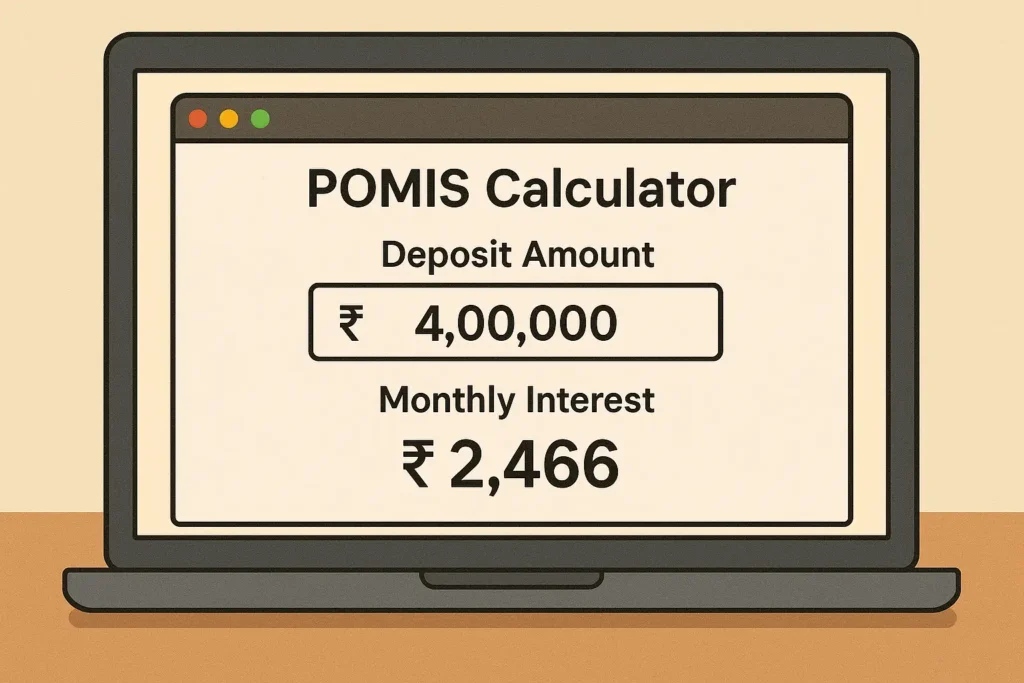 Online POMIS calculator showing monthly income from ₹4 lakh deposit in 2025.