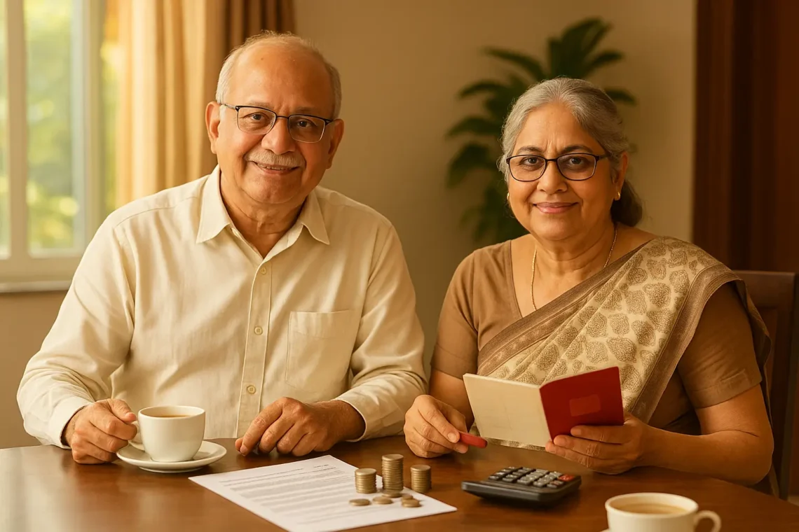 Senior Indian man reviewing savings documents and post office passbook at home, representing Post Office Monthly Income Scheme 2025 benefits for retirees.