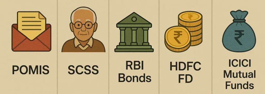 Infographic comparing Post Office Monthly Income Scheme 2025 with SCSS, RBI Bonds, and mutual funds in 2025.