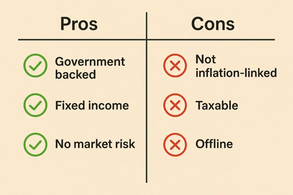 Infographic listing pros and cons of investing in Post Office Monthly Income Scheme (2025).