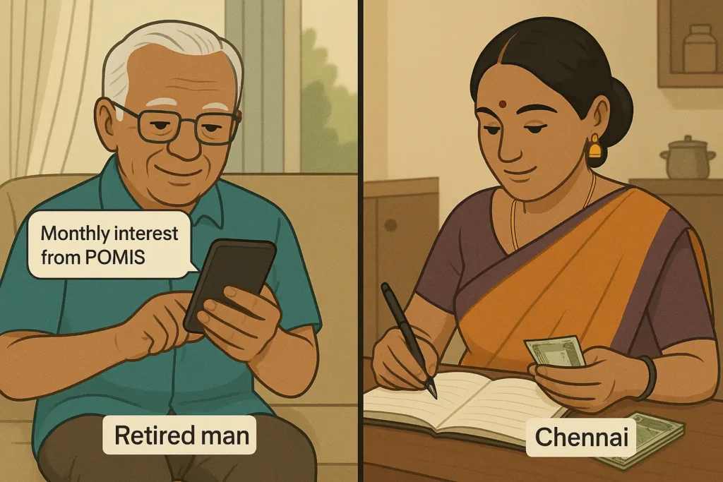 Illustration of a retired man and a homemaker benefiting from monthly POMIS income in India.
